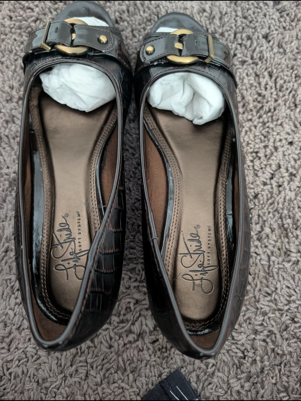 Life Stride Women's Dark Brown Patent Wedge Flats with Gold Accent